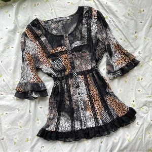 Y2K Animal Print Ruffle Blouse